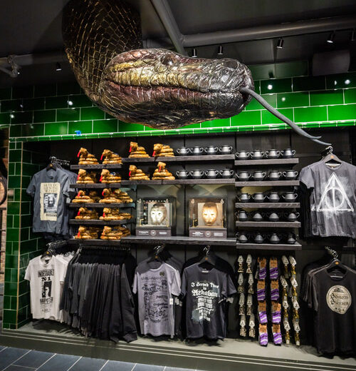 Basilisk and merchandise at Harry Potter Store New York