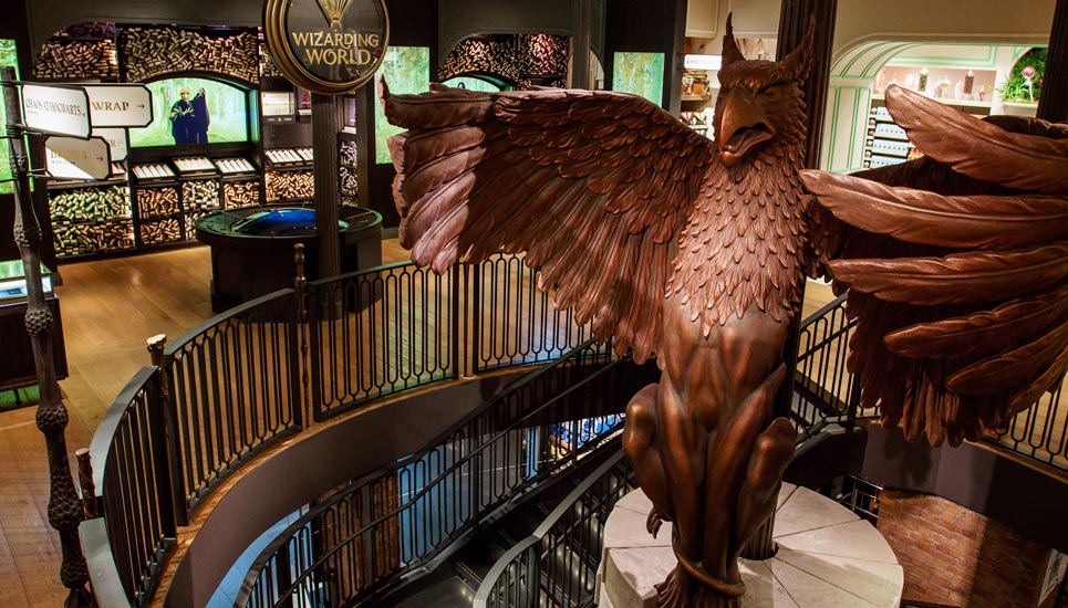 Wide shot of the Wand Shop and Phoenix at Harry Potter Store New York